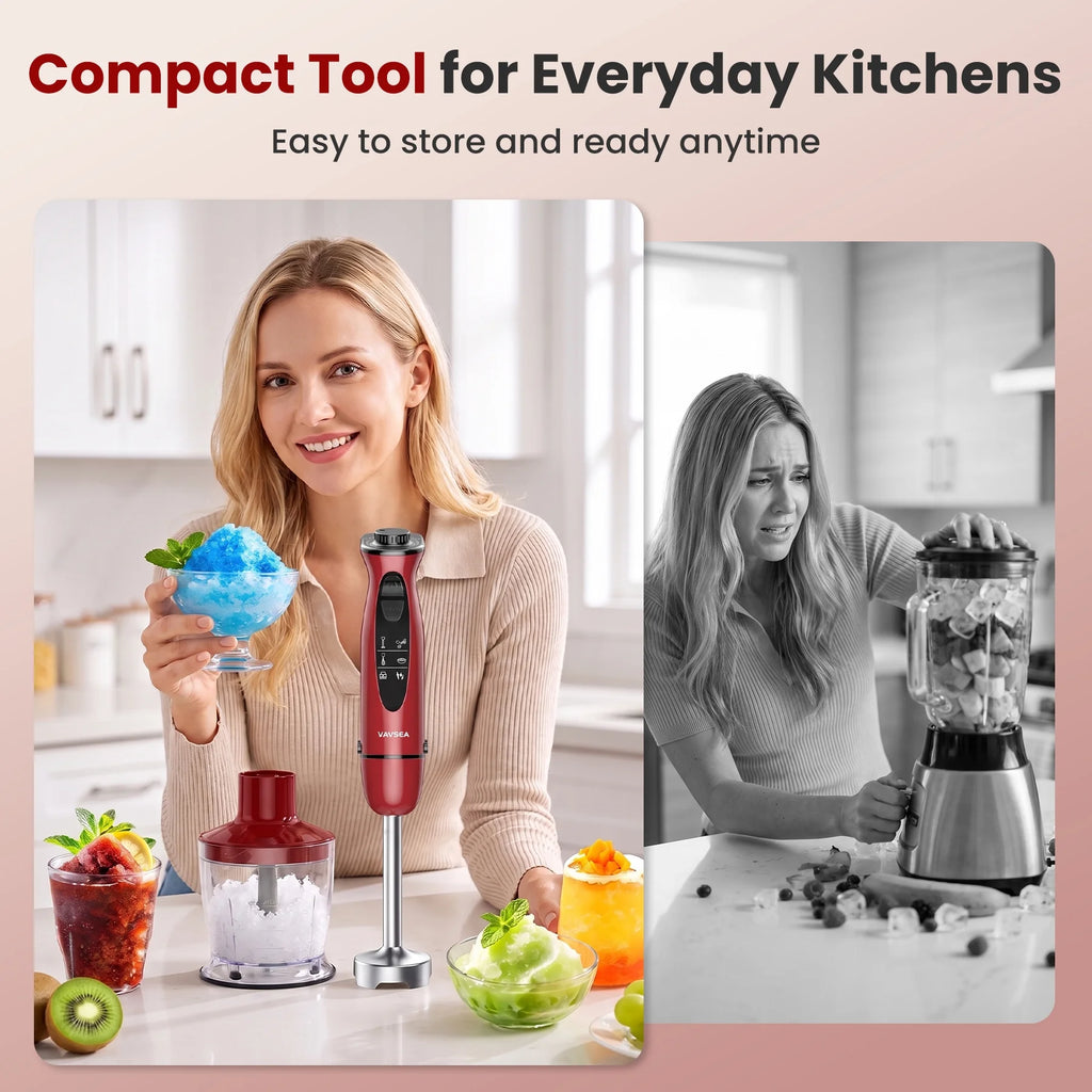 Immersion Blender, 1100W 5-In-1 Hand Blender, 24-Speed Stick Blender for Small Kitchen, Splash-Resistant Handheld Blender Mixer with Turbo Mode for Smoothies, Baby Food, Red
