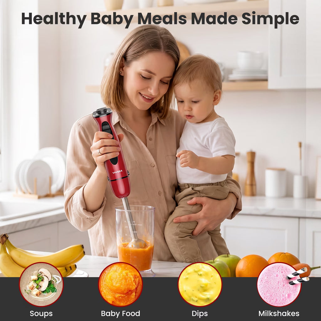 Immersion Blender, 1100W 5-In-1 Hand Blender, 24-Speed Stick Blender for Small Kitchen, Splash-Resistant Handheld Blender Mixer with Turbo Mode for Smoothies, Baby Food, Red