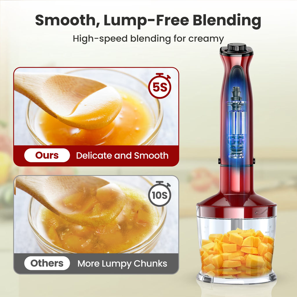 Immersion Blender, 1100W 5-In-1 Hand Blender, 24-Speed Stick Blender for Small Kitchen, Splash-Resistant Handheld Blender Mixer with Turbo Mode for Smoothies, Baby Food, Red
