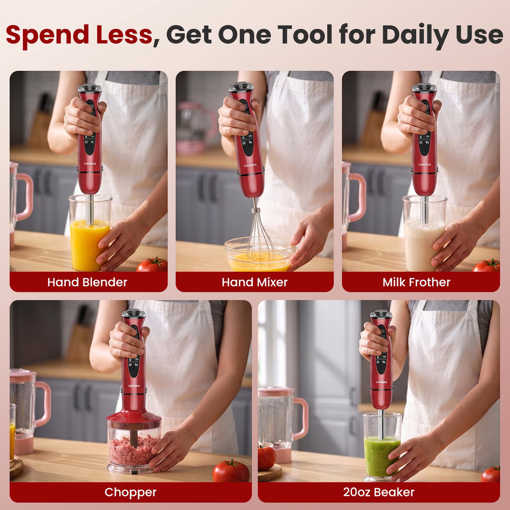 Immersion Blender, 1100W 5-In-1 Hand Blender, 24-Speed Stick Blender for Small Kitchen, Splash-Resistant Handheld Blender Mixer with Turbo Mode for Smoothies, Baby Food, Red