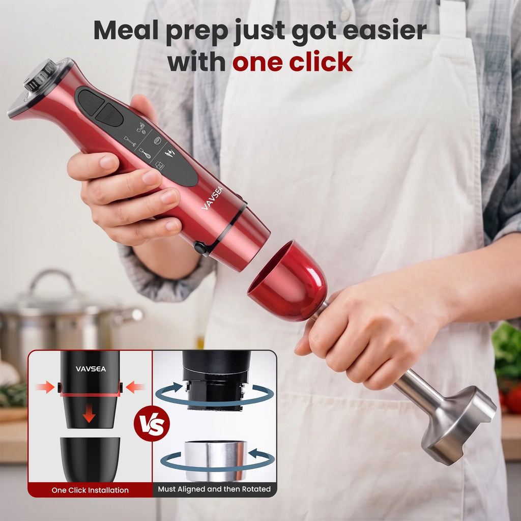 Immersion Blender, 1100W 5-In-1 Hand Blender, 24-Speed Stick Blender for Small Kitchen, Splash-Resistant Handheld Blender Mixer with Turbo Mode for Smoothies, Baby Food, Red