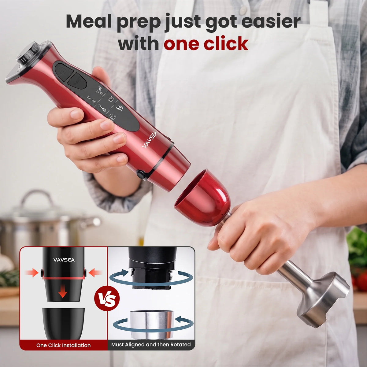 Immersion Blender, 1100W 5-In-1 Hand Blender, 24-Speed Stick Blender for Small Kitchen, Splash-Resistant Handheld Blender Mixer with Turbo Mode for Smoothies, Baby Food, Red