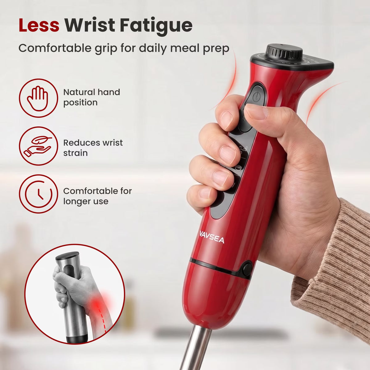Immersion Blender, 1100W 5-In-1 Hand Blender, 24-Speed Stick Blender for Small Kitchen, Splash-Resistant Handheld Blender Mixer with Turbo Mode for Smoothies, Baby Food, Red